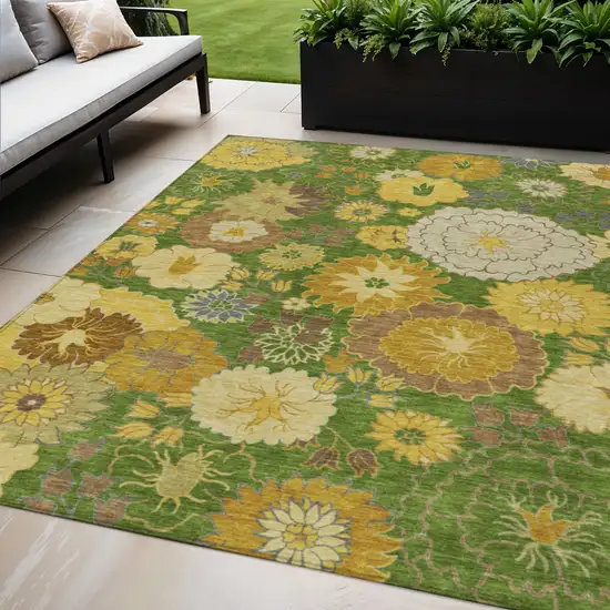 Fern Green Gold And Beige Floral Washable Indoor Outdoor Area Rug Photo 1