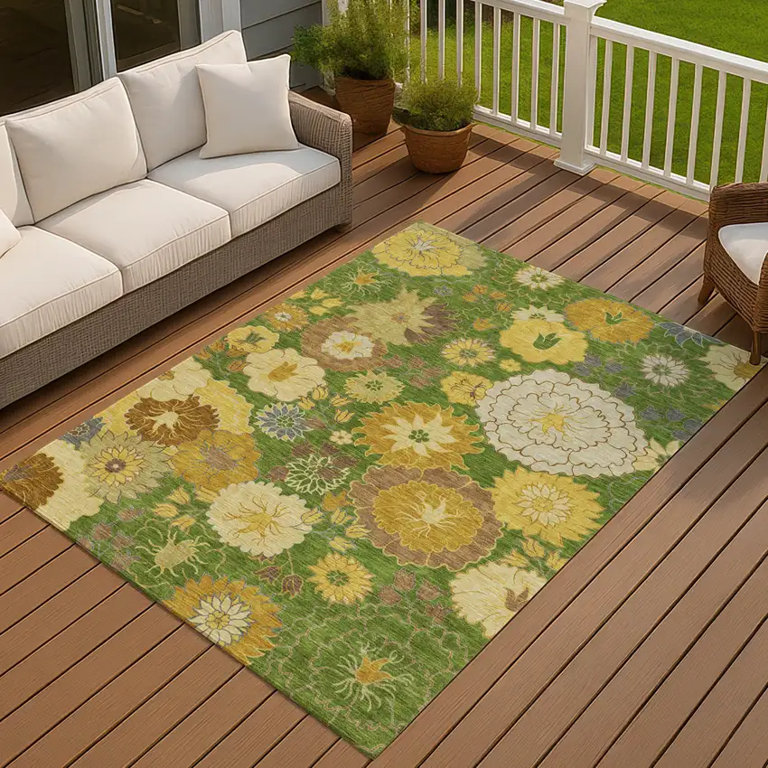Fern Green Gold And Beige Floral Washable Indoor Outdoor Area Rug Photo 9