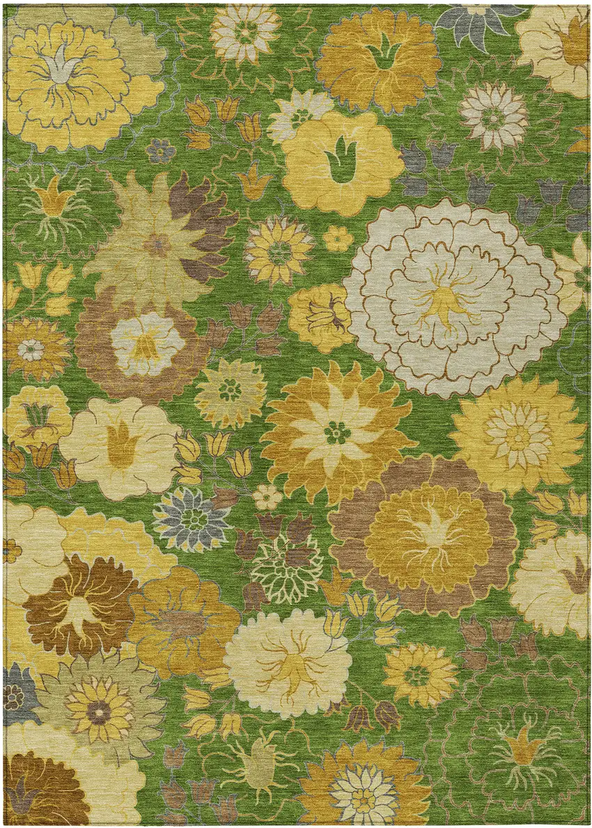 Fern Green Gold And Beige Floral Washable Indoor Outdoor Area Rug Photo 2