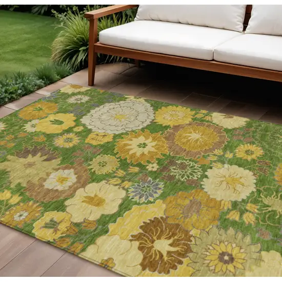 Fern Green Gold And Beige Floral Washable Indoor Outdoor Area Rug Photo 1