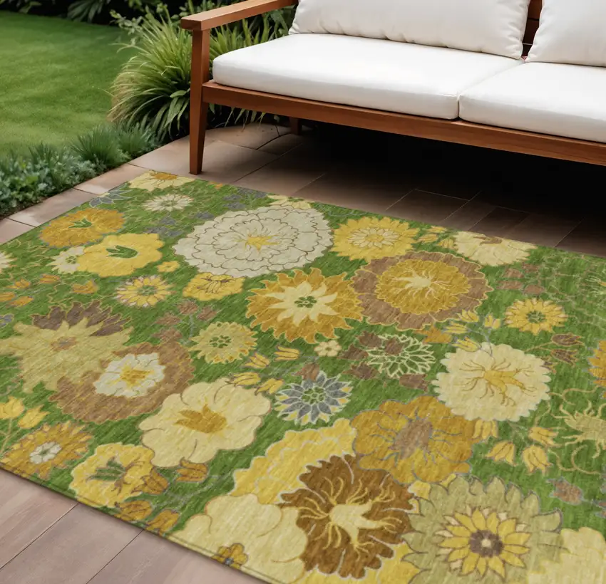 Fern Green Gold And Beige Floral Washable Indoor Outdoor Area Rug Photo 1