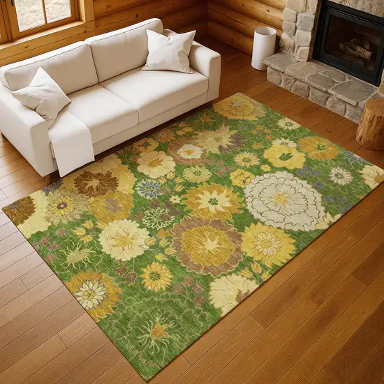 Fern Green Gold And Beige Floral Washable Indoor Outdoor Area Rug Photo 9
