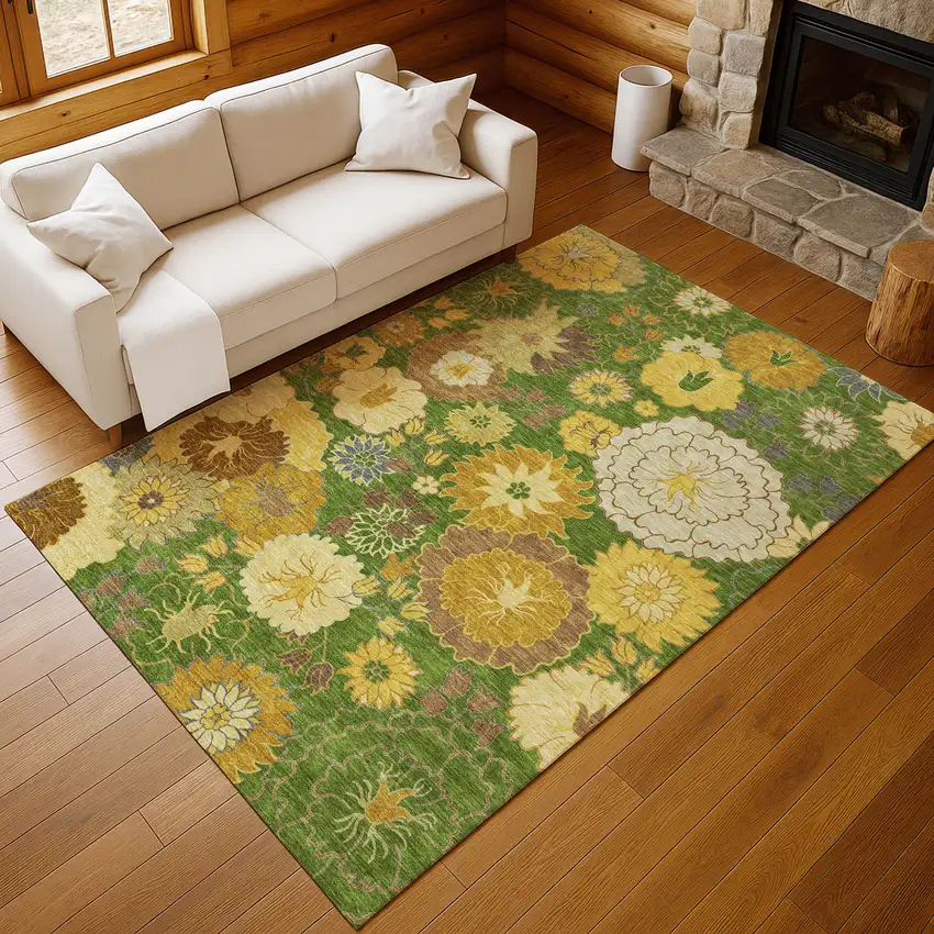 Fern Green Gold And Beige Floral Washable Indoor Outdoor Area Rug Photo 9