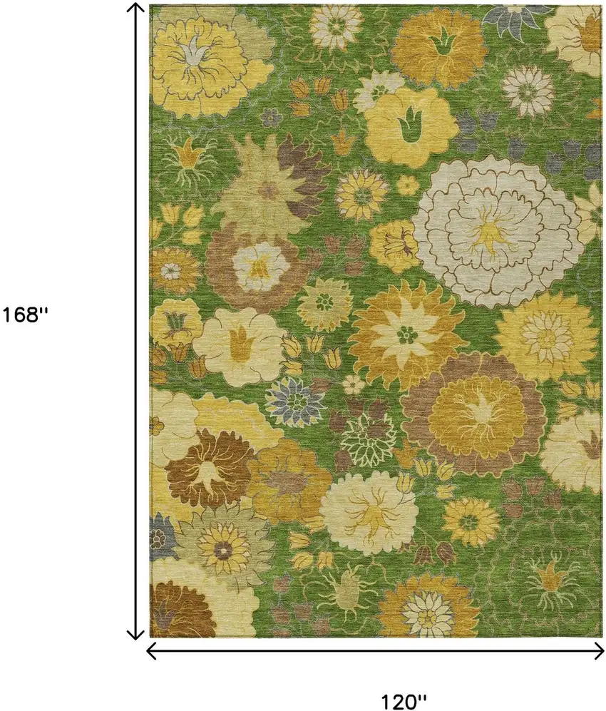 Fern Green Gold And Beige Floral Washable Indoor Outdoor Area Rug Photo 3