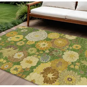 Photo of Fern Green Gold And Beige Floral Washable Indoor Outdoor Area Rug