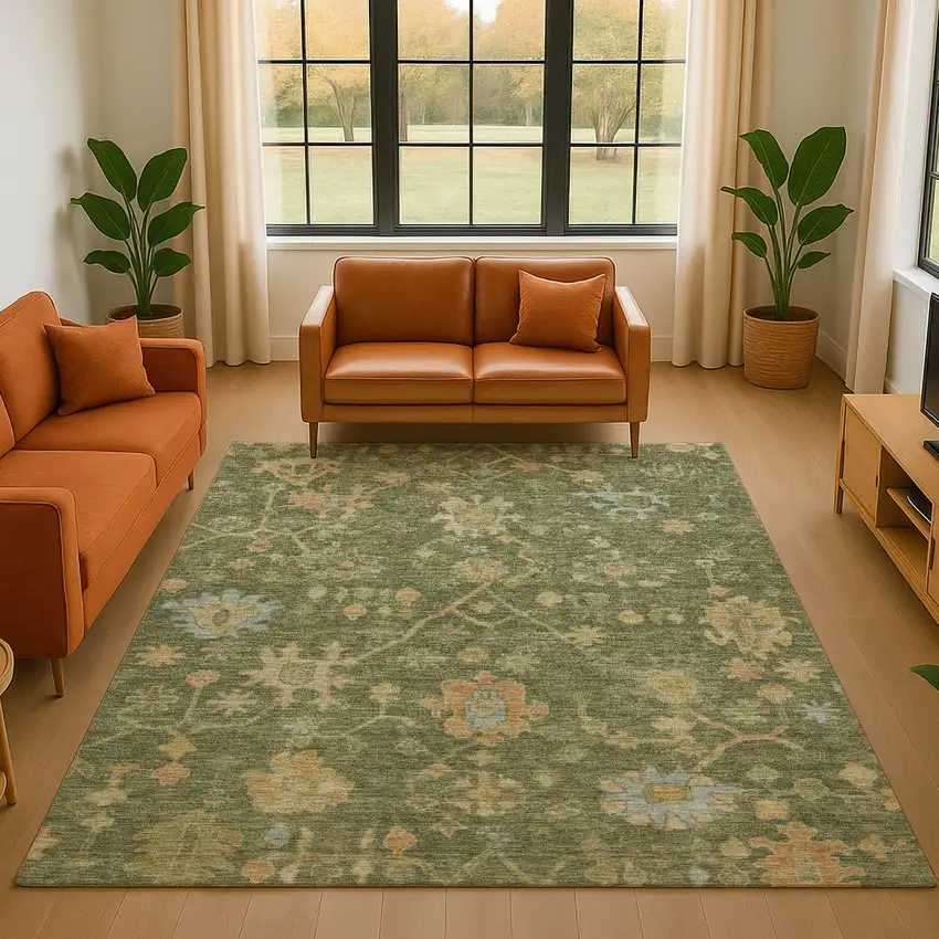 Fern Green Gold And Blue Floral Washable Area Rug With UV Protection Photo 5