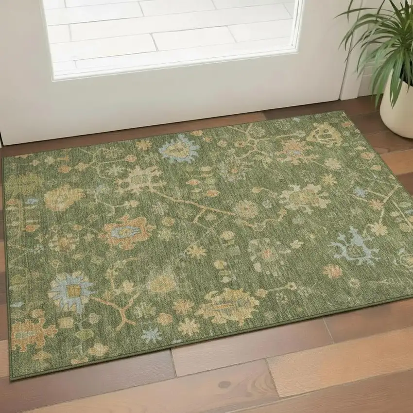 Fern Green Gold And Blue Floral Washable Area Rug With UV Protection Photo 2