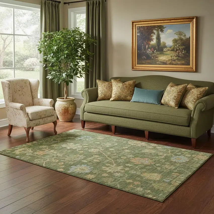 Fern Green Gold And Blue Floral Washable Area Rug With UV Protection Photo 2