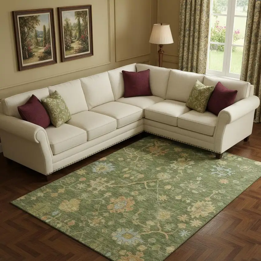 Fern Green Gold And Blue Floral Washable Area Rug With UV Protection Photo 2