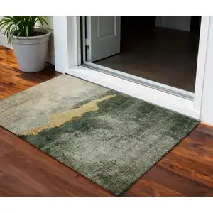 Photo of Fern Green Gold And Gray Abstract Washable Indoor Outdoor Area Rug