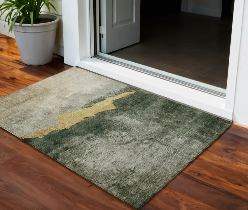 Fern Green Gold And Gray Abstract Washable Indoor Outdoor Area Rug Photo 1