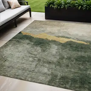 Photo of Fern Green Gold And Gray Abstract Washable Indoor Outdoor Area Rug