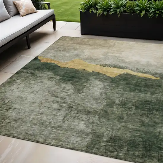 Fern Green Gold And Gray Abstract Washable Indoor Outdoor Area Rug Photo 1