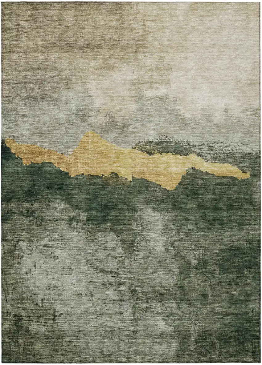 Fern Green Gold And Gray Abstract Washable Indoor Outdoor Area Rug Photo 2
