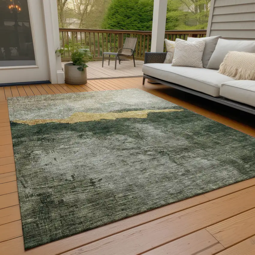 Fern Green Gold And Gray Abstract Washable Indoor Outdoor Area Rug Photo 9
