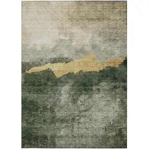 Photo of Fern Green Gold And Gray Abstract Washable Indoor Outdoor Area Rug