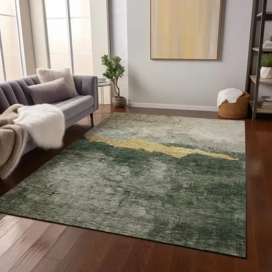 Fern Green Gold And Gray Abstract Washable Indoor Outdoor Area Rug Photo 9