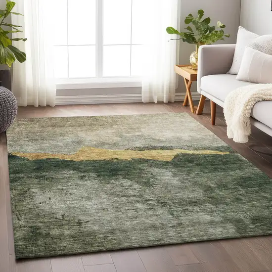 Fern Green Gold And Gray Abstract Washable Indoor Outdoor Area Rug Photo 8
