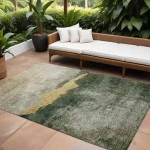 Photo of Fern Green Gold And Gray Abstract Washable Indoor Outdoor Area Rug