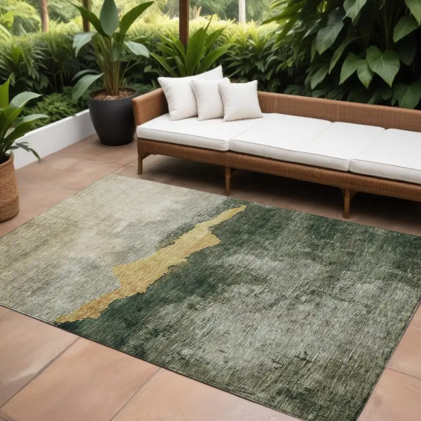Fern Green Gold And Gray Abstract Washable Indoor Outdoor Area Rug Photo 1