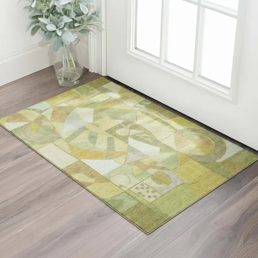 Fern Green Gold And Ivory Abstract Washable Area Rug With UV Protection Photo 2