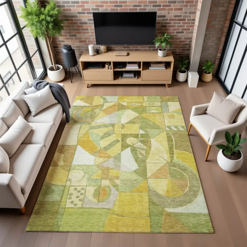 Fern Green Gold And Ivory Abstract Washable Area Rug With UV Protection Photo 5