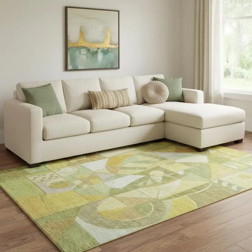 Fern Green Gold And Ivory Abstract Washable Area Rug With UV Protection Photo 2