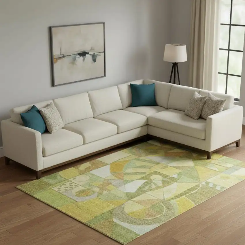 Fern Green Gold And Ivory Abstract Washable Area Rug With UV Protection Photo 2