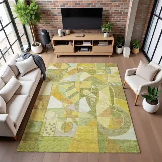 Fern Green Gold And Ivory Abstract Washable Area Rug With UV Protection Photo 5