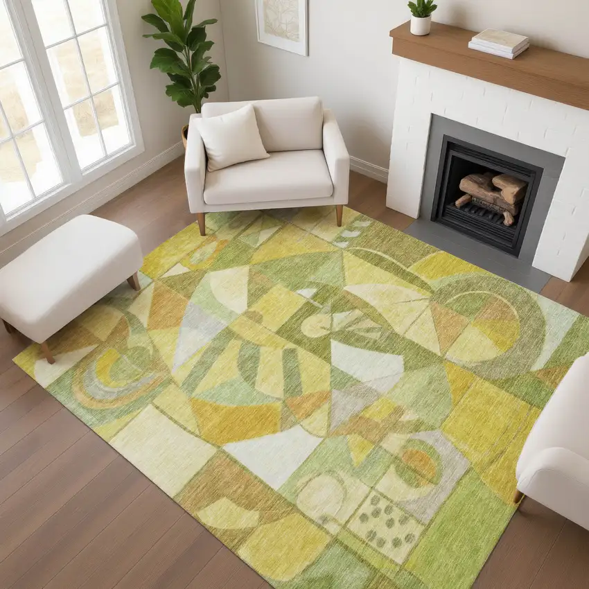 Fern Green Gold And Ivory Abstract Washable Area Rug With UV Protection Photo 4