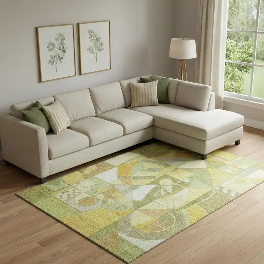 Fern Green Gold And Ivory Abstract Washable Area Rug With UV Protection Photo 2