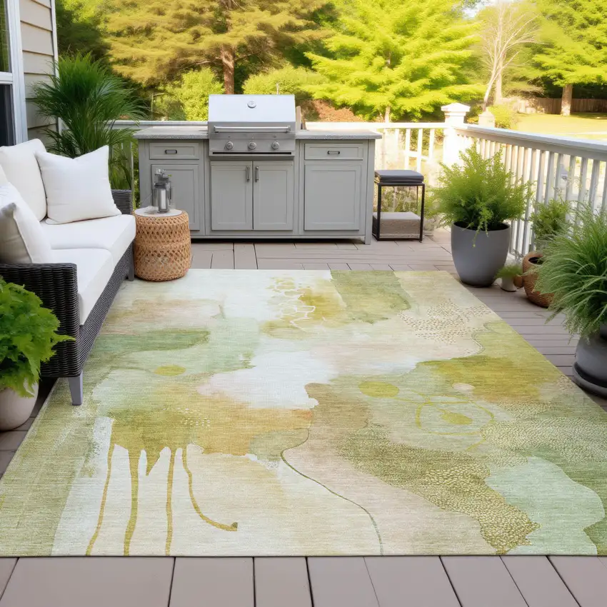 Fern Green Gold And Ivory Abstract Washable Indoor Outdoor Area Rug Photo 5