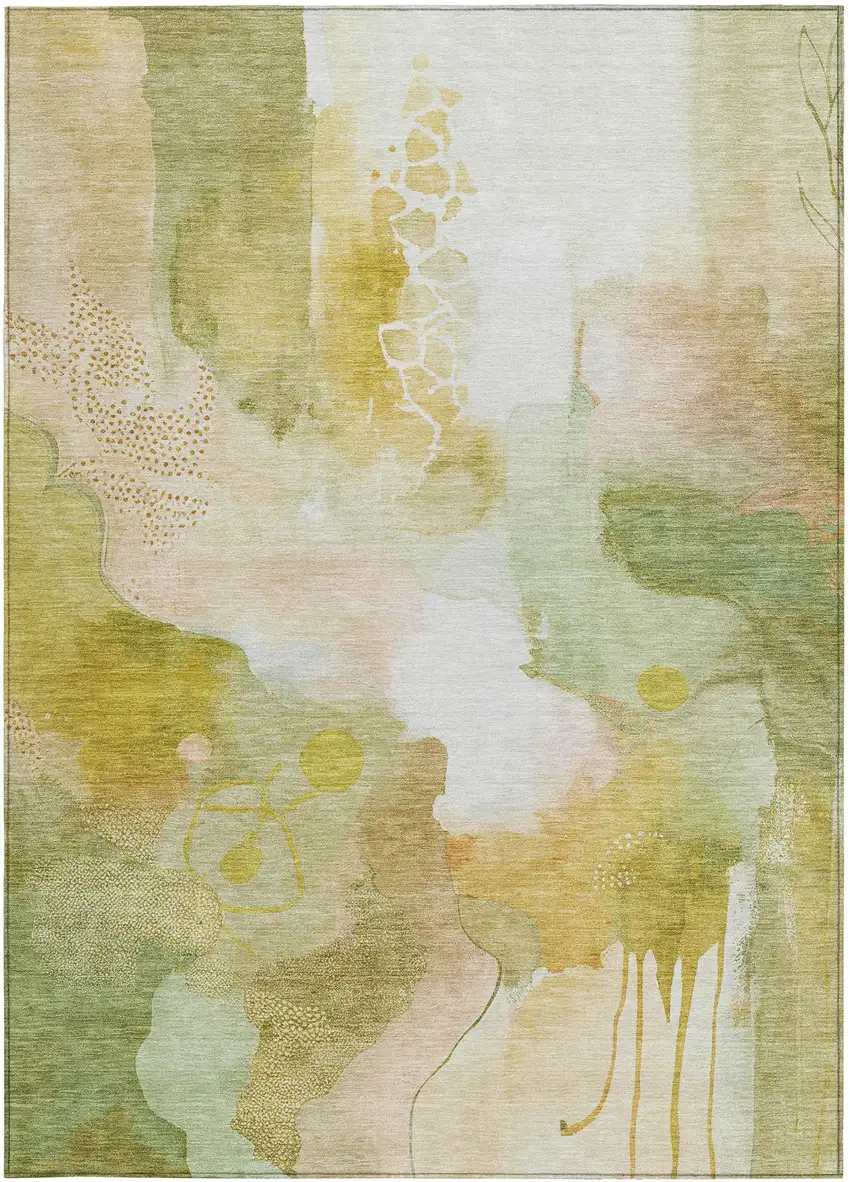 Fern Green Gold And Ivory Abstract Washable Indoor Outdoor Area Rug Photo 1