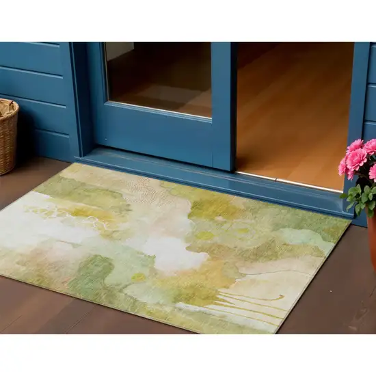 Fern Green Gold And Ivory Abstract Washable Indoor Outdoor Area Rug Photo 2