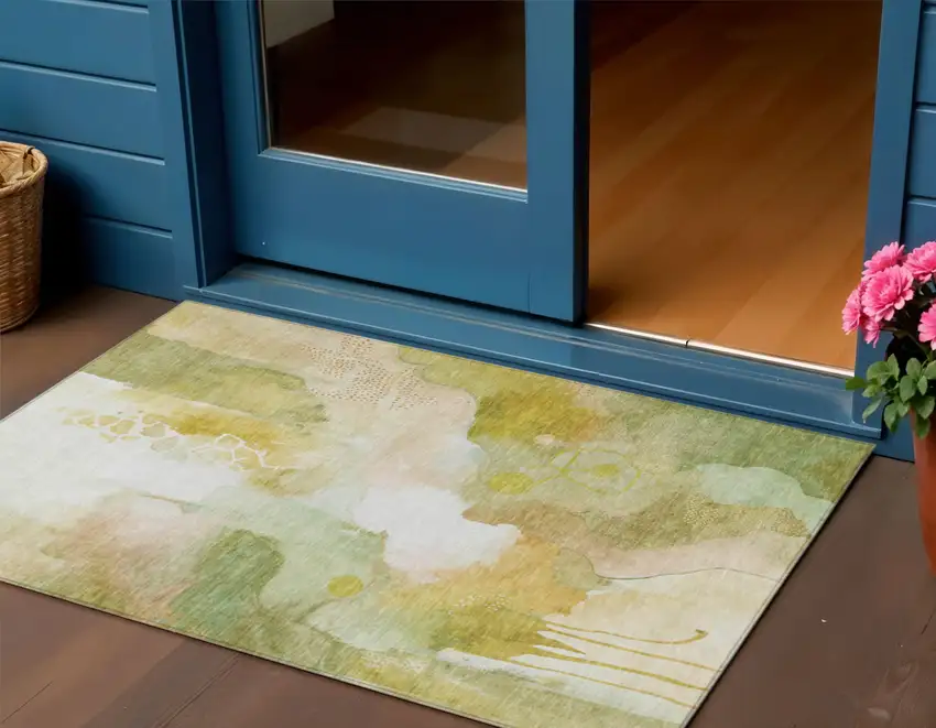 Fern Green Gold And Ivory Abstract Washable Indoor Outdoor Area Rug Photo 2