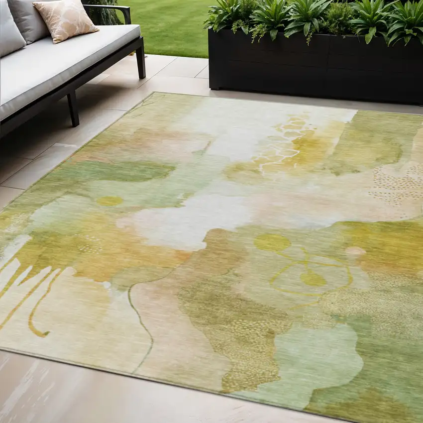 Fern Green Gold And Ivory Abstract Washable Indoor Outdoor Area Rug Photo 2