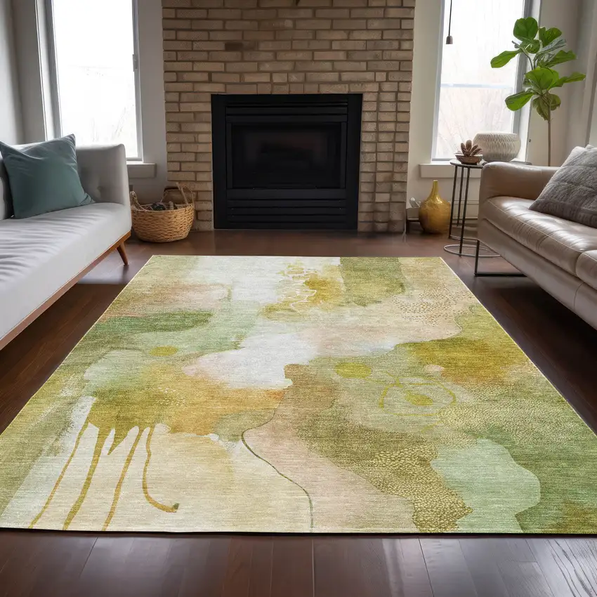 Fern Green Gold And Ivory Abstract Washable Indoor Outdoor Area Rug Photo 7