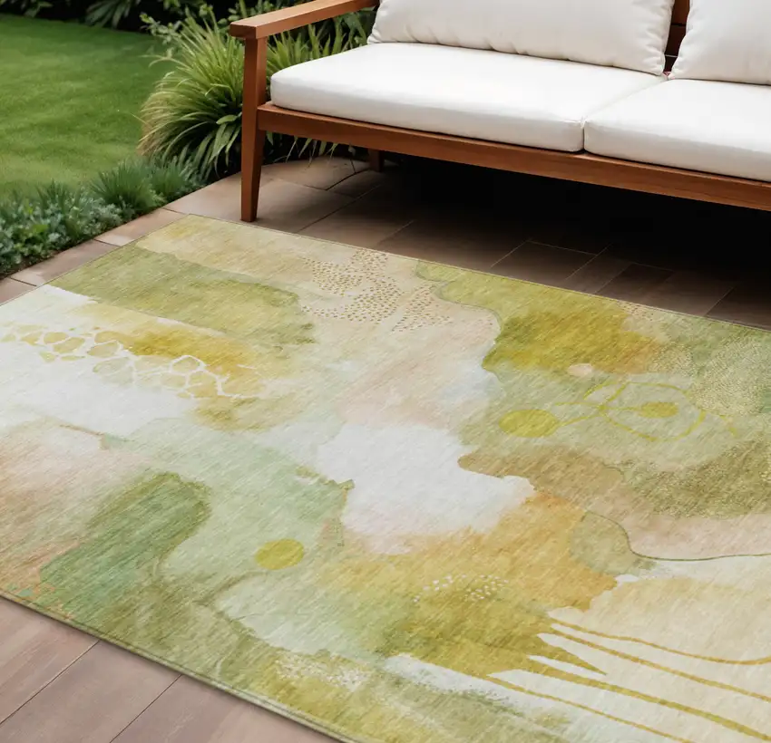 Fern Green Gold And Ivory Abstract Washable Indoor Outdoor Area Rug Photo 2