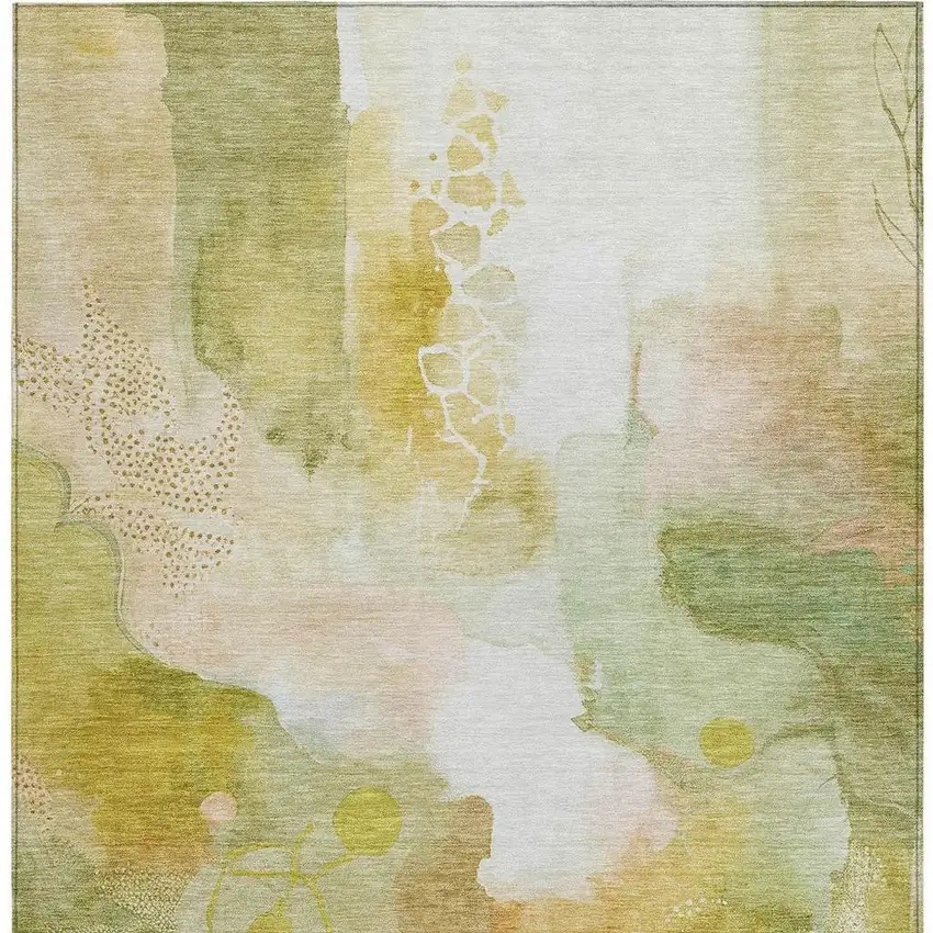 Fern Green Gold And Ivory Abstract Washable Indoor Outdoor Area Rug Photo 3