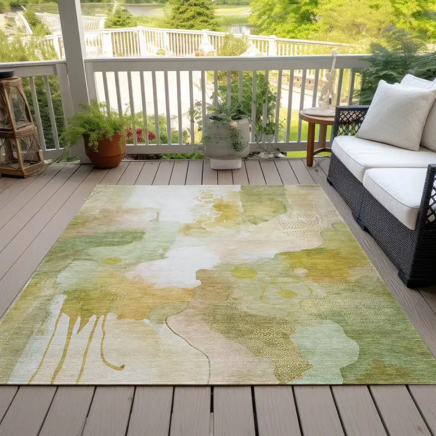 Fern Green Gold And Ivory Abstract Washable Indoor Outdoor Area Rug Photo 8