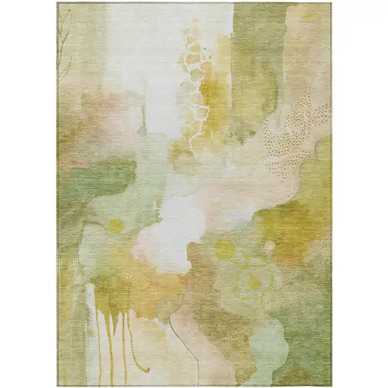 Fern Green Gold And Ivory Abstract Washable Indoor Outdoor Area Rug Photo 3