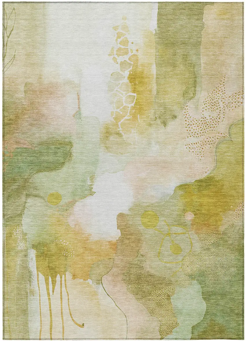 Fern Green Gold And Ivory Abstract Washable Indoor Outdoor Area Rug Photo 3