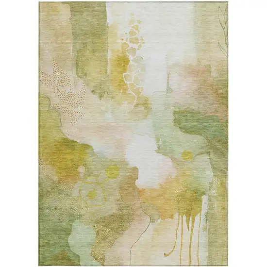 Fern Green Gold And Ivory Abstract Washable Indoor Outdoor Area Rug Photo 1