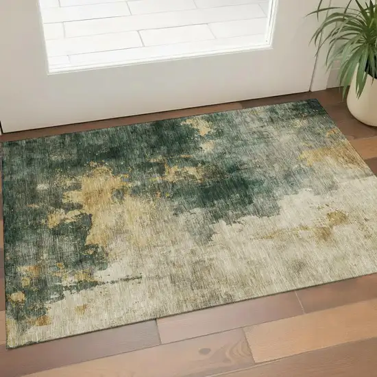Fern Green Gold And Silver Abstract Washable Area Rug With UV Protection Photo 1