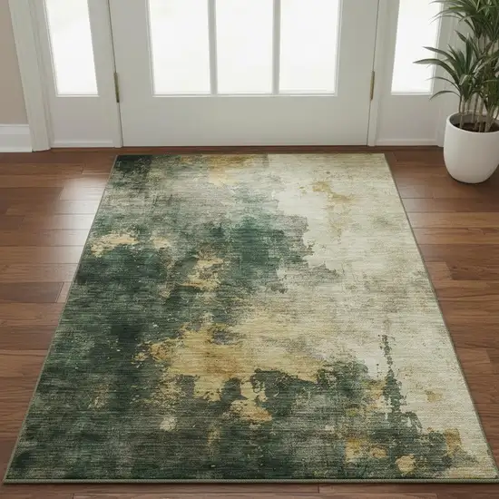 Fern Green Gold And Silver Abstract Washable Area Rug With UV Protection Photo 2