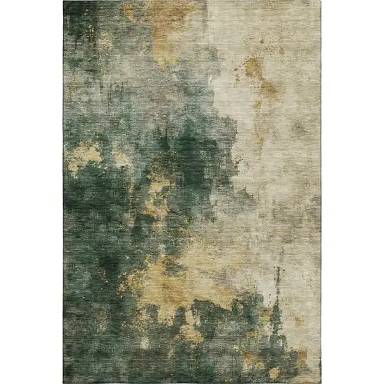 Fern Green Gold And Silver Abstract Washable Area Rug With UV Protection Photo 1