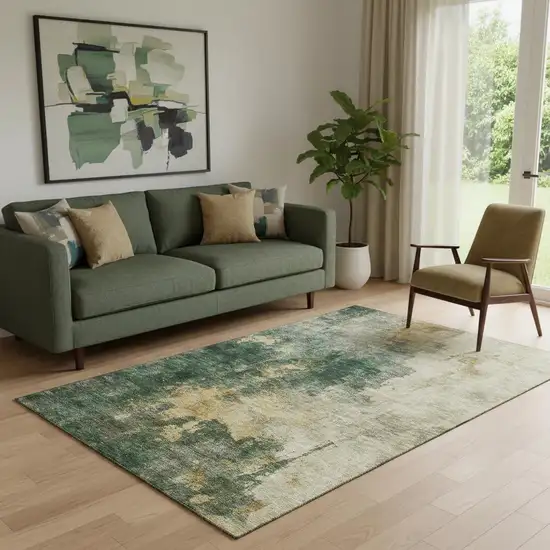 Fern Green Gold And Silver Abstract Washable Area Rug With UV Protection Photo 2