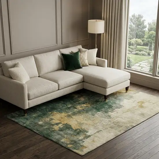 Fern Green Gold And Silver Abstract Washable Area Rug With UV Protection Photo 1