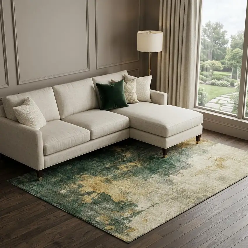 Fern Green Gold And Silver Abstract Washable Area Rug With UV Protection Photo 1