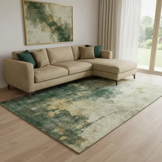 Fern Green Gold And Silver Abstract Washable Area Rug With UV Protection Photo 2